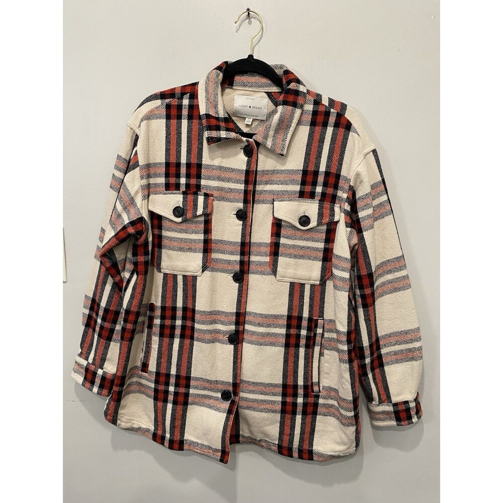 Lucky Brand Women's Red Plaid Flannel Shacket Shirt Jacket Size S Gorpcore Fall